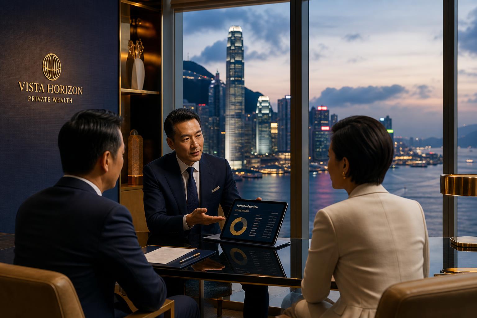 Investment advisor in private consultation with clients in a Hong Kong office