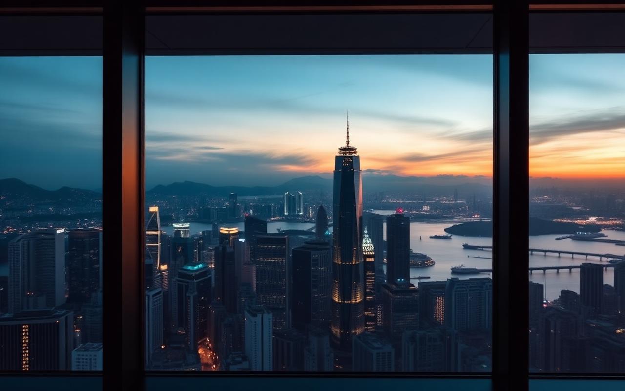 Hong Kong skyline at dusk seen from a private office